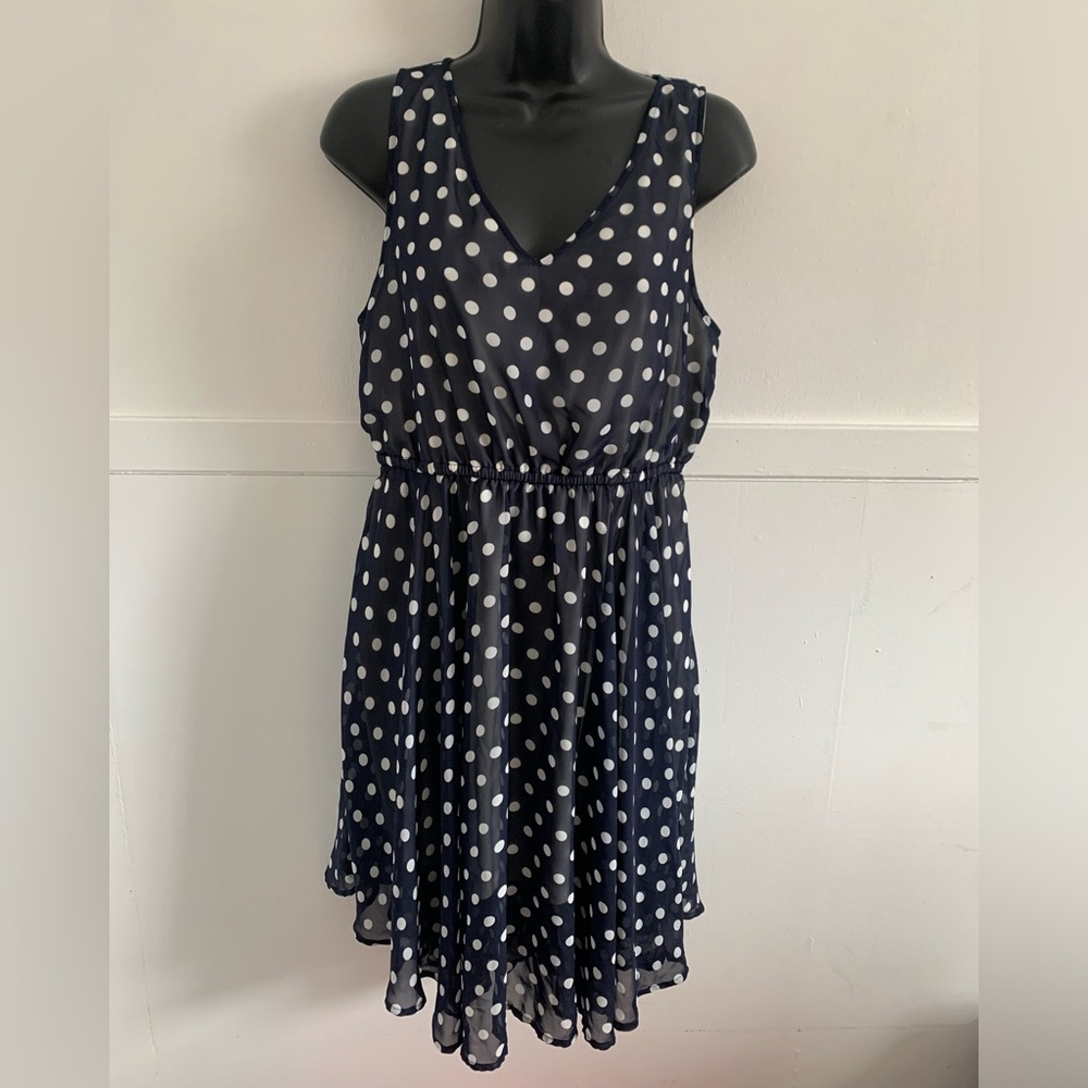 Vintage Inspired-Kismet Navy and White Polka Dot Sleeveless Midi Dress - Picture 2 of 11
